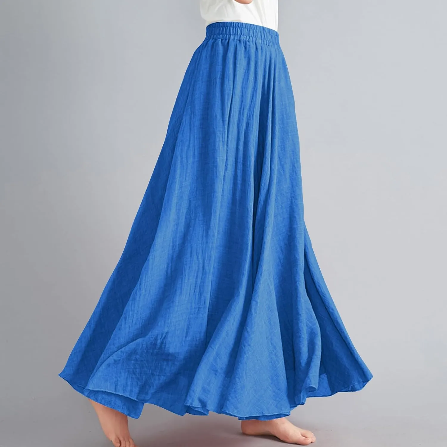 Womens Casual Linen Skirts Summer Loose Flowy Long Skirt Solid Color Elastic Waist Beach Vacation Maxi Skirts