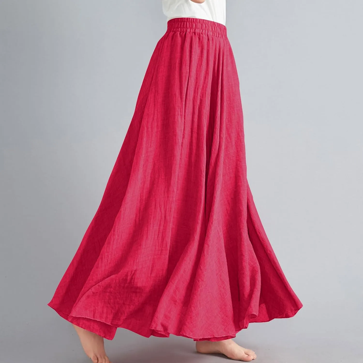 Womens Casual Linen Skirts Summer Loose Flowy Long Skirt Solid Color Elastic Waist Beach Vacation Maxi Skirts