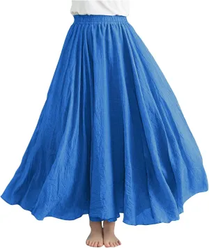 Womens Casual Linen Skirts Summer Loose Flowy Long Skirt Solid Color Elastic Waist Beach Vacation Maxi Skirts