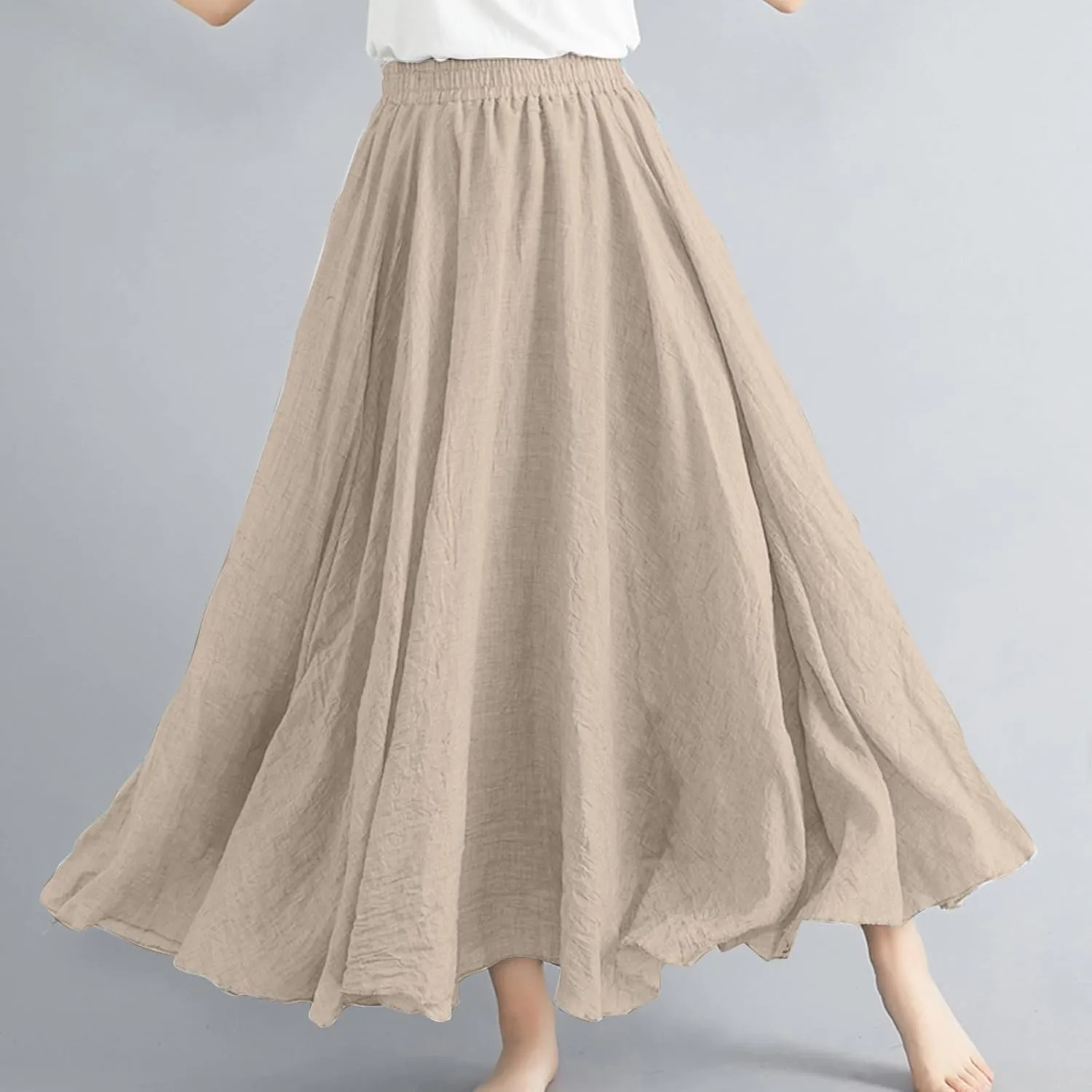 Womens Casual Linen Skirts Summer Loose Flowy Long Skirt Solid Color Elastic Waist Beach Vacation Maxi Skirts