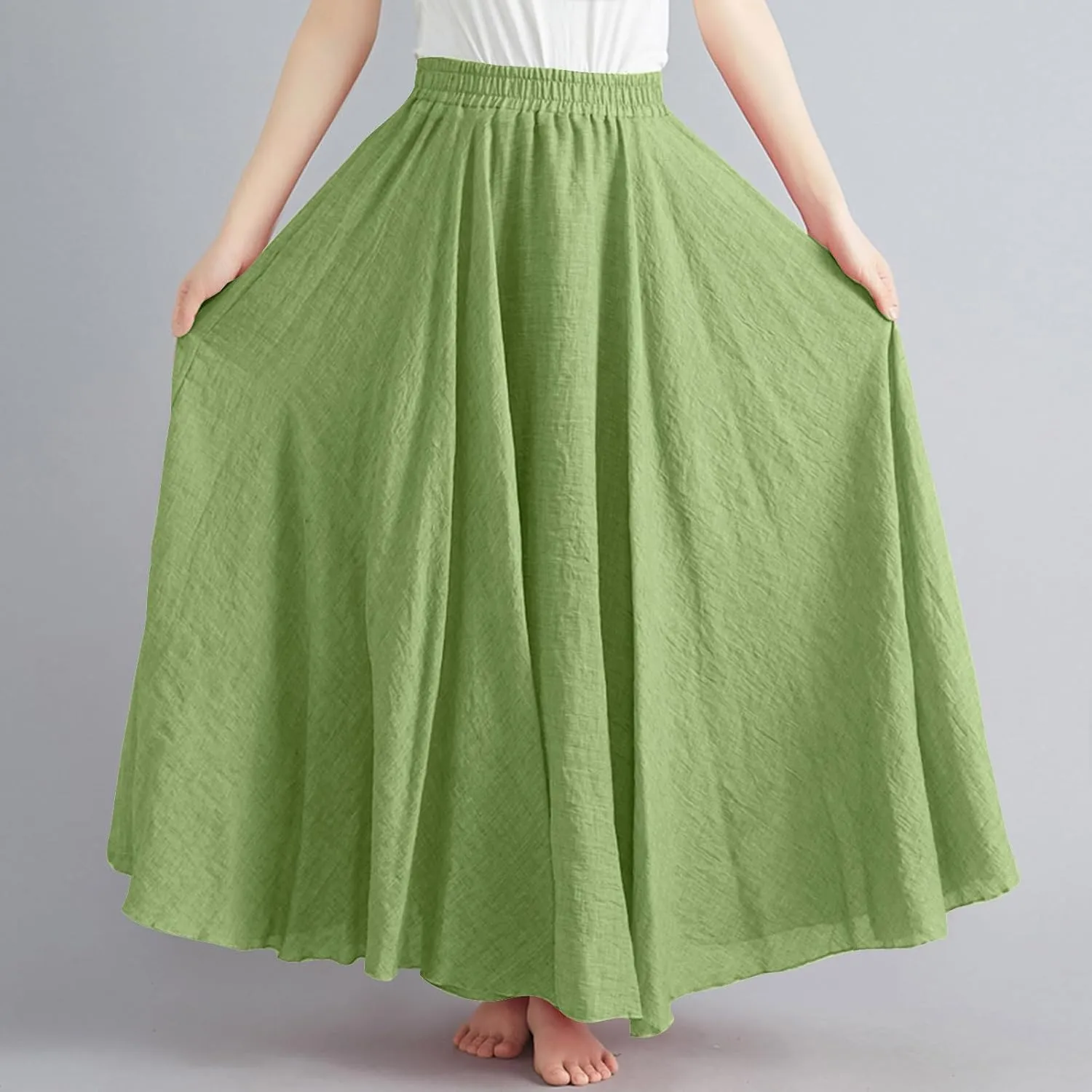 Womens Casual Linen Skirts Summer Loose Flowy Long Skirt Solid Color Elastic Waist Beach Vacation Maxi Skirts