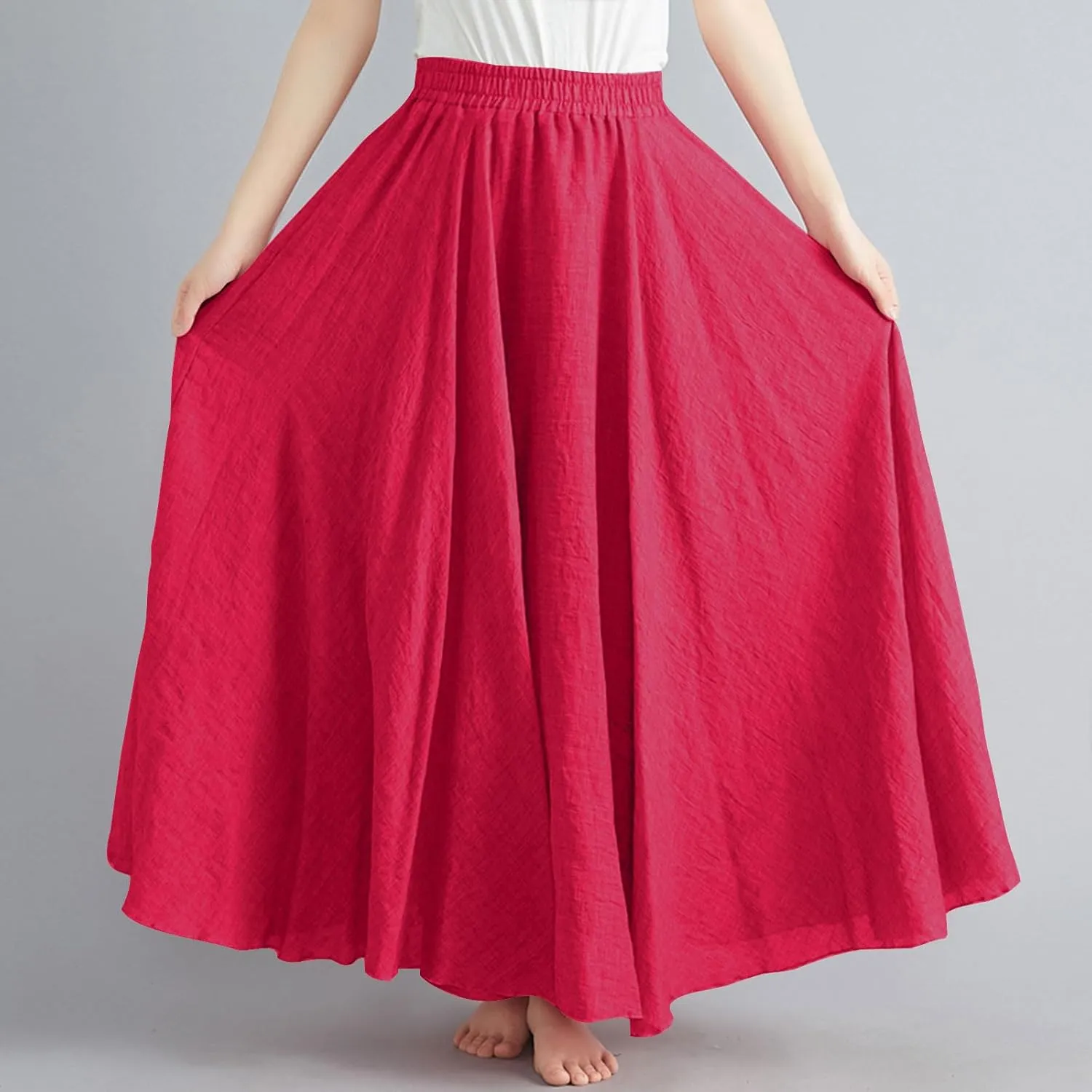 Womens Casual Linen Skirts Summer Loose Flowy Long Skirt Solid Color Elastic Waist Beach Vacation Maxi Skirts