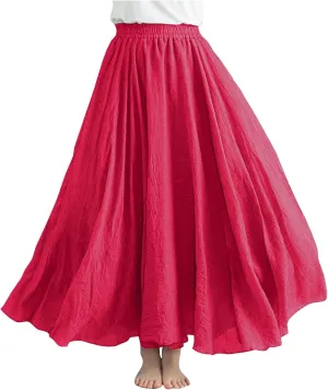 Womens Casual Linen Skirts Summer Loose Flowy Long Skirt Solid Color Elastic Waist Beach Vacation Maxi Skirts