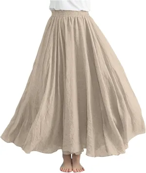 Womens Casual Linen Skirts Summer Loose Flowy Long Skirt Solid Color Elastic Waist Beach Vacation Maxi Skirts