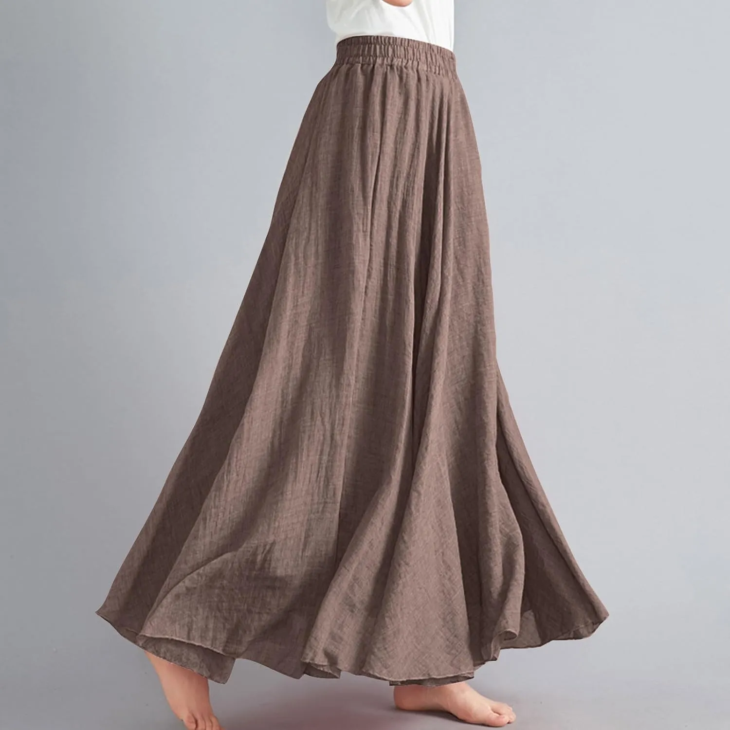 Womens Casual Linen Skirts Summer Loose Flowy Long Skirt Solid Color Elastic Waist Beach Vacation Maxi Skirts