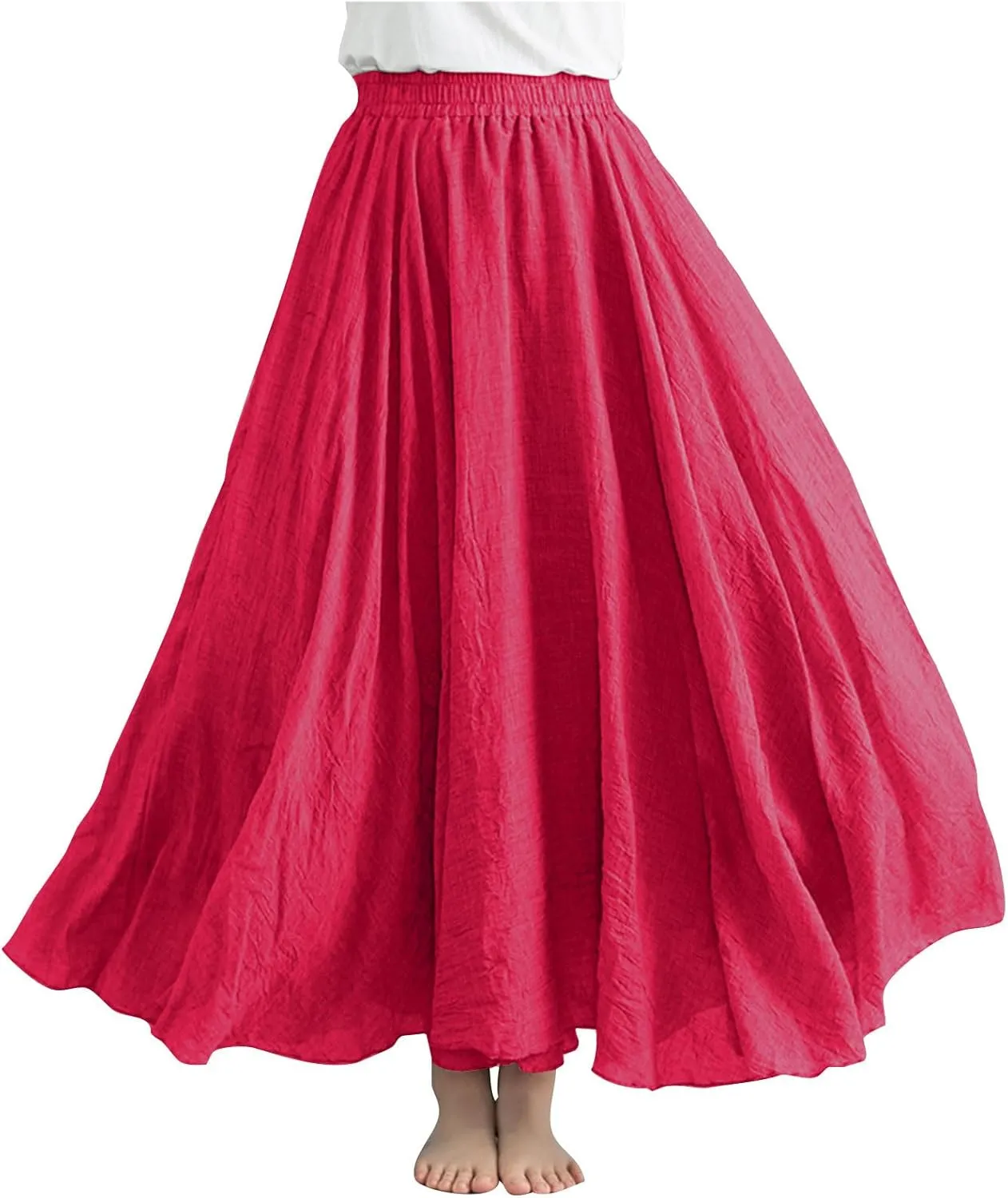 Womens Casual Linen Skirts Summer Loose Flowy Long Skirt Solid Color Elastic Waist Beach Vacation Maxi Skirts