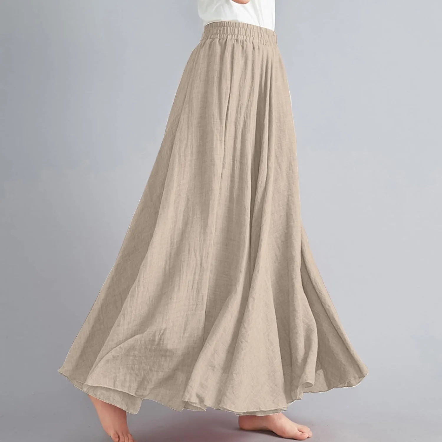 Womens Casual Linen Skirts Summer Loose Flowy Long Skirt Solid Color Elastic Waist Beach Vacation Maxi Skirts