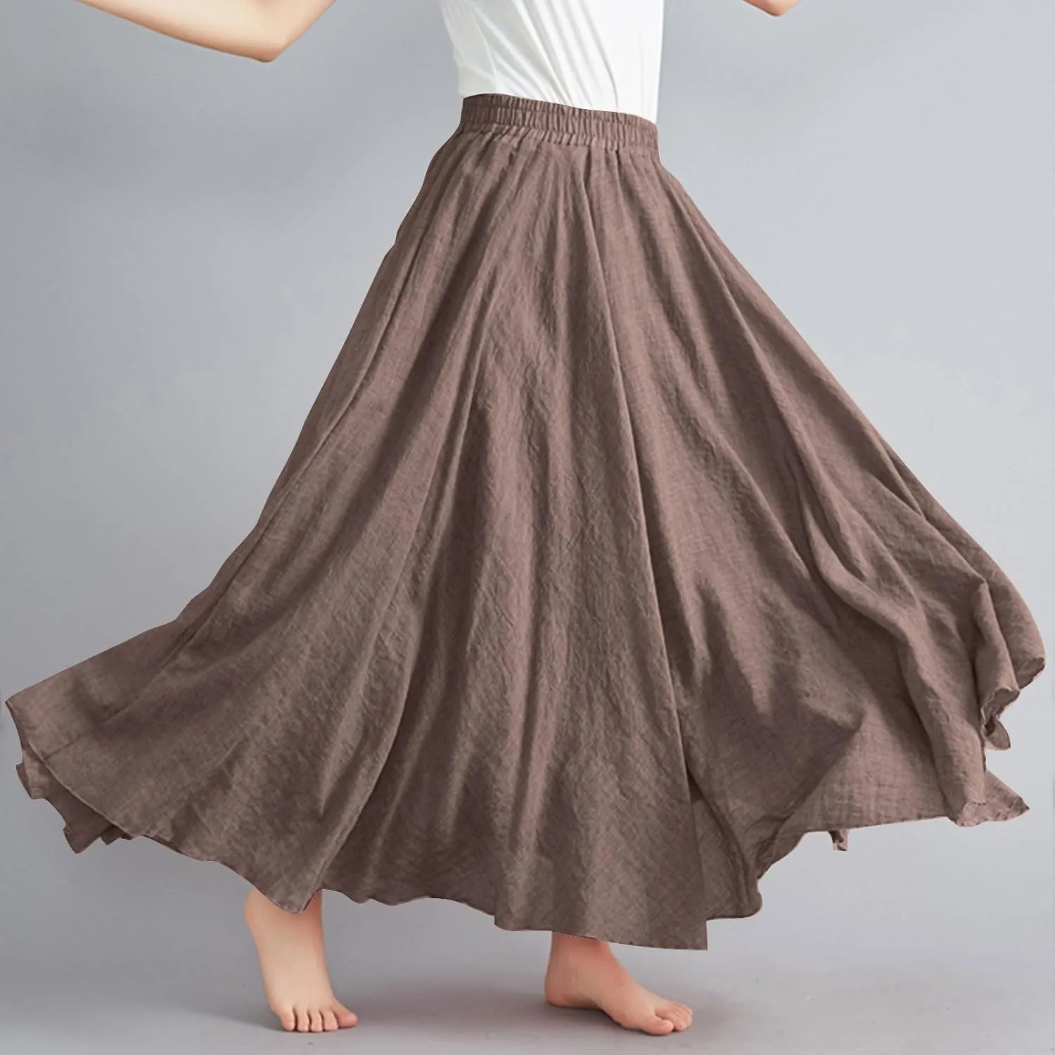 Womens Casual Linen Skirts Summer Loose Flowy Long Skirt Solid Color Elastic Waist Beach Vacation Maxi Skirts