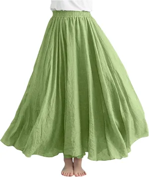 Womens Casual Linen Skirts Summer Loose Flowy Long Skirt Solid Color Elastic Waist Beach Vacation Maxi Skirts
