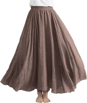 Womens Casual Linen Skirts Summer Loose Flowy Long Skirt Solid Color Elastic Waist Beach Vacation Maxi Skirts