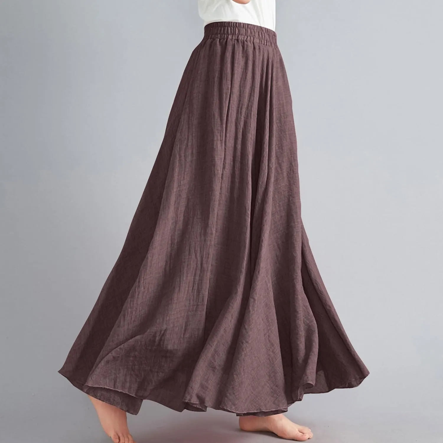 Womens Casual Linen Skirts Summer Loose Flowy Long Skirt Solid Color Elastic Waist Beach Vacation Maxi Skirts