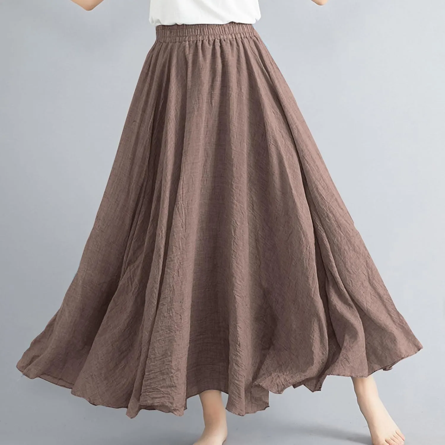 Womens Casual Linen Skirts Summer Loose Flowy Long Skirt Solid Color Elastic Waist Beach Vacation Maxi Skirts