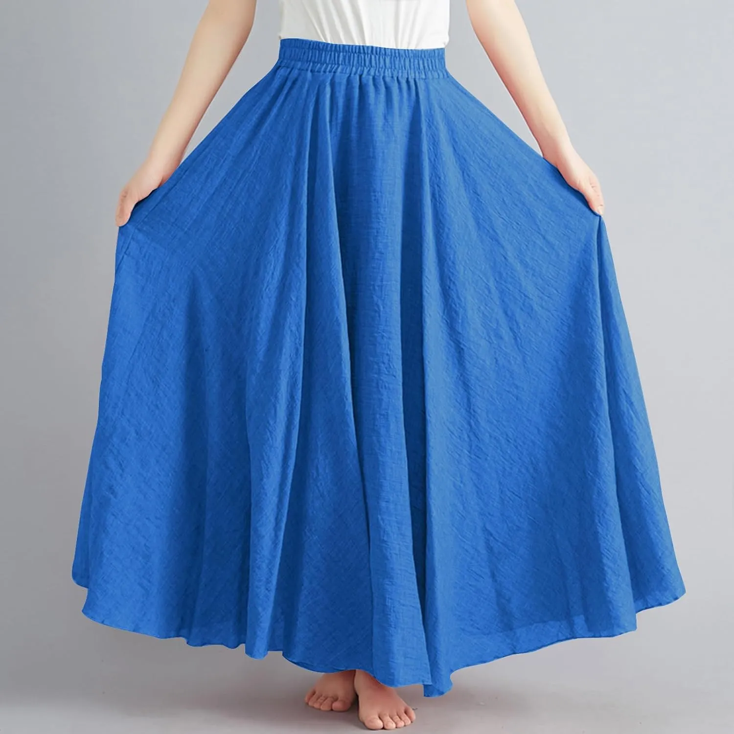 Womens Casual Linen Skirts Summer Loose Flowy Long Skirt Solid Color Elastic Waist Beach Vacation Maxi Skirts