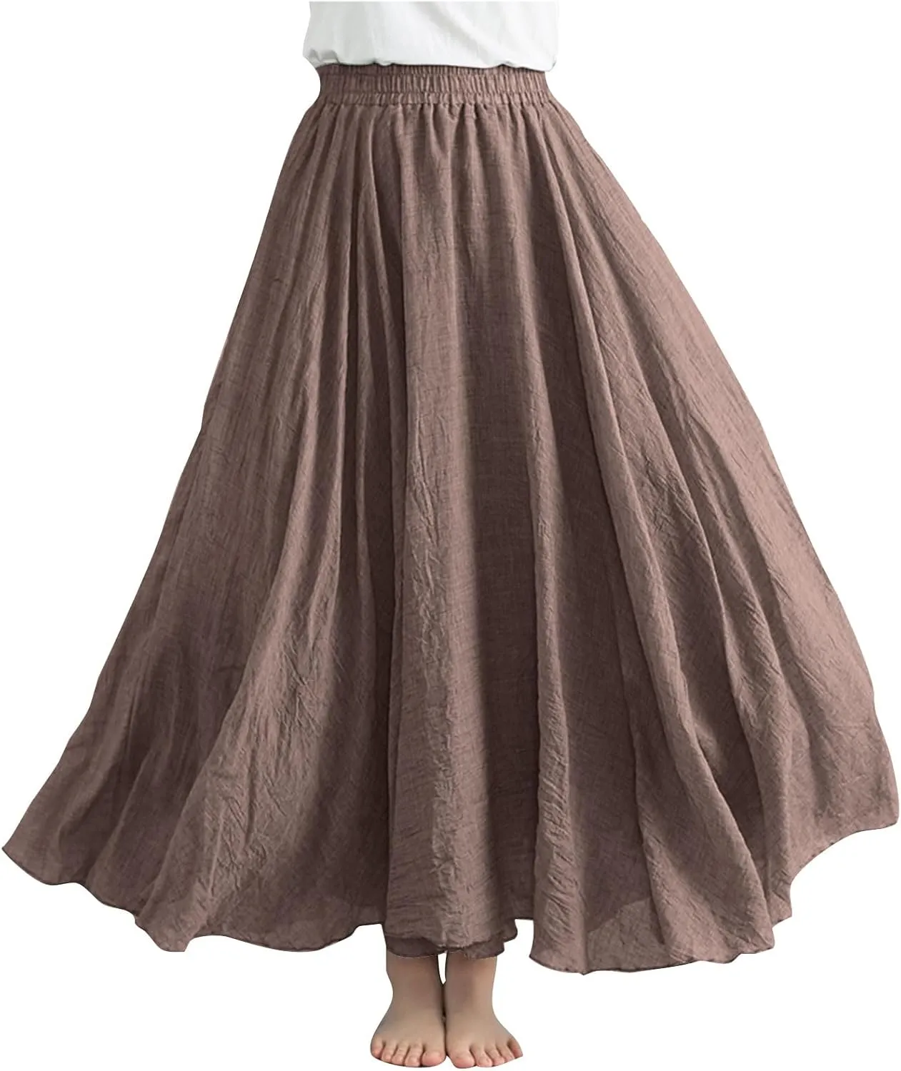 Womens Casual Linen Skirts Summer Loose Flowy Long Skirt Solid Color Elastic Waist Beach Vacation Maxi Skirts
