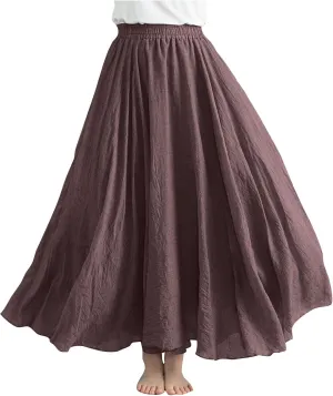 Womens Casual Linen Skirts Summer Loose Flowy Long Skirt Solid Color Elastic Waist Beach Vacation Maxi Skirts
