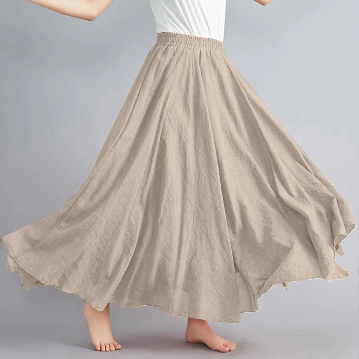 Womens Casual Linen Skirts Summer Loose Flowy Long Skirt Solid Color Elastic Waist Beach Vacation Maxi Skirts