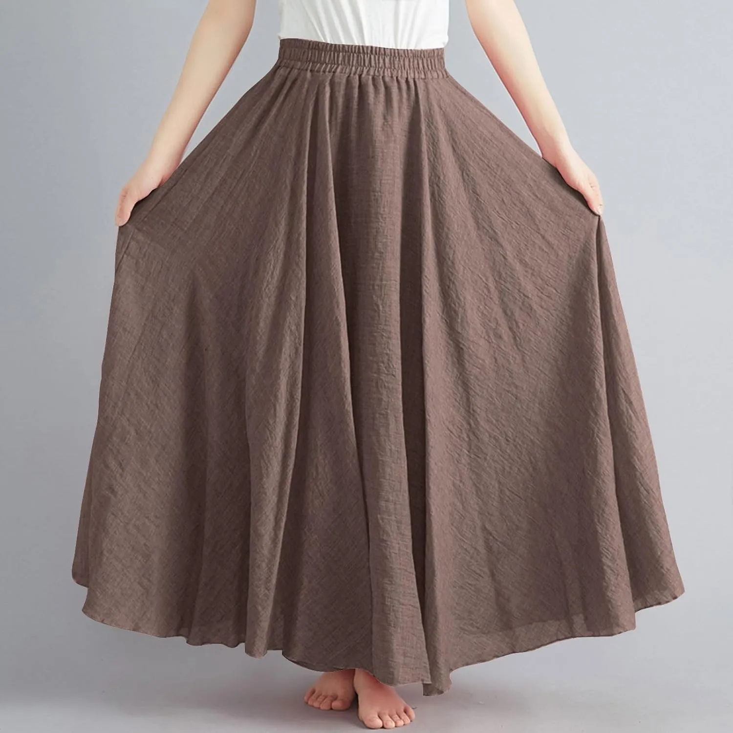 Womens Casual Linen Skirts Summer Loose Flowy Long Skirt Solid Color Elastic Waist Beach Vacation Maxi Skirts