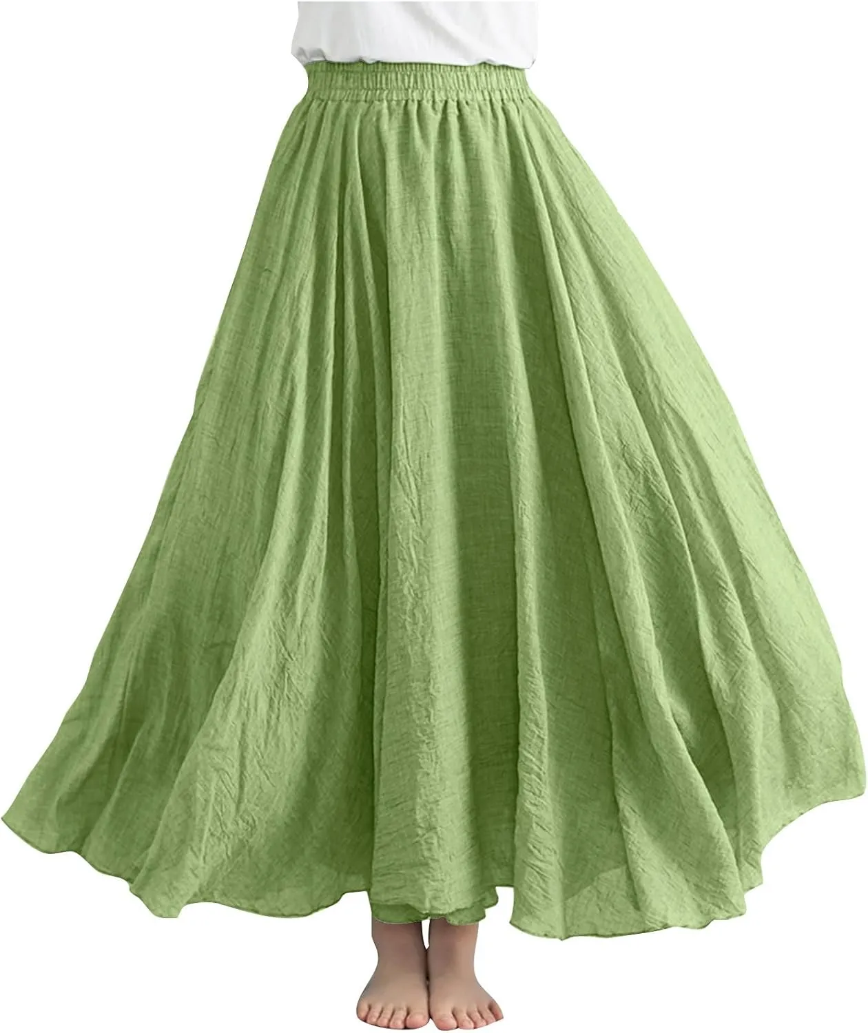 Womens Casual Linen Skirts Summer Loose Flowy Long Skirt Solid Color Elastic Waist Beach Vacation Maxi Skirts