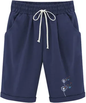 Womens Casual Long Shorts Below The Knee Drawstring Shorts Summer Elastic Waist Shorts Pocketed Pants Workout Shorts