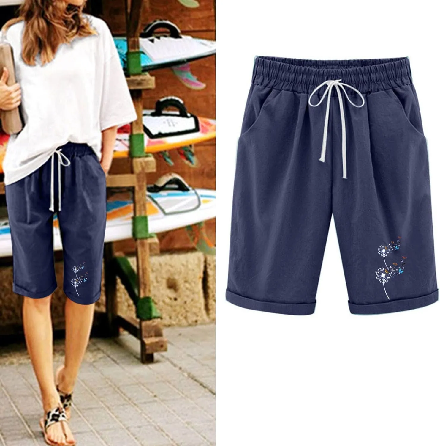 Womens Casual Long Shorts Below The Knee Drawstring Shorts Summer Elastic Waist Shorts Pocketed Pants Workout Shorts