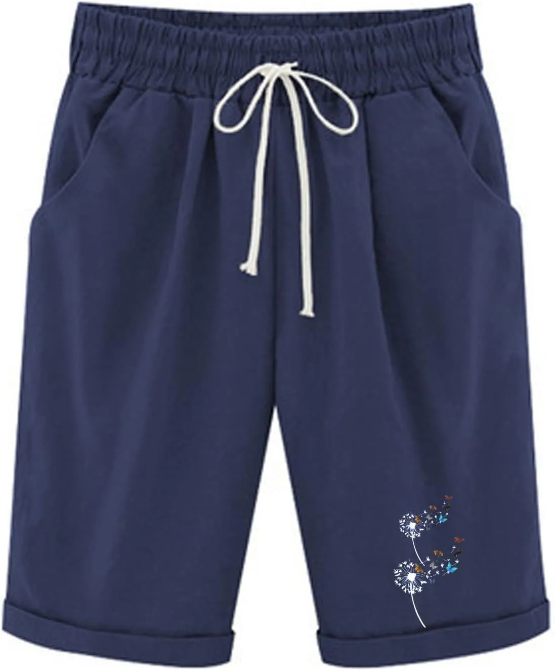 Womens Casual Long Shorts Below The Knee Drawstring Shorts Summer Elastic Waist Shorts Pocketed Pants Workout Shorts