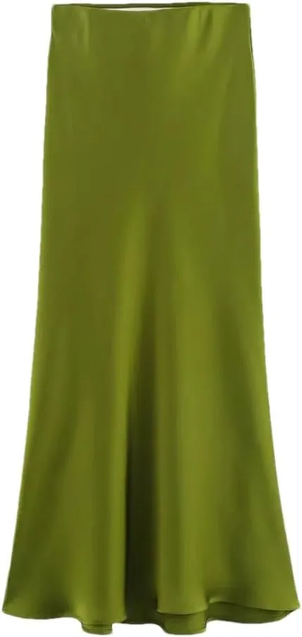Women's Casual Slim Fit Simple Versatile Silk Satin Texture Midi Skirt Women's High Waisted Skirt