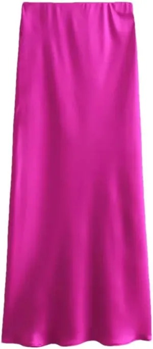 Women's Casual Slim Fit Simple Versatile Silk Satin Texture Midi Skirt Women's High Waisted Skirt
