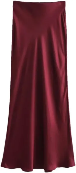 Women's Casual Slim Fit Simple Versatile Silk Satin Texture Midi Skirt Women's High Waisted Skirt