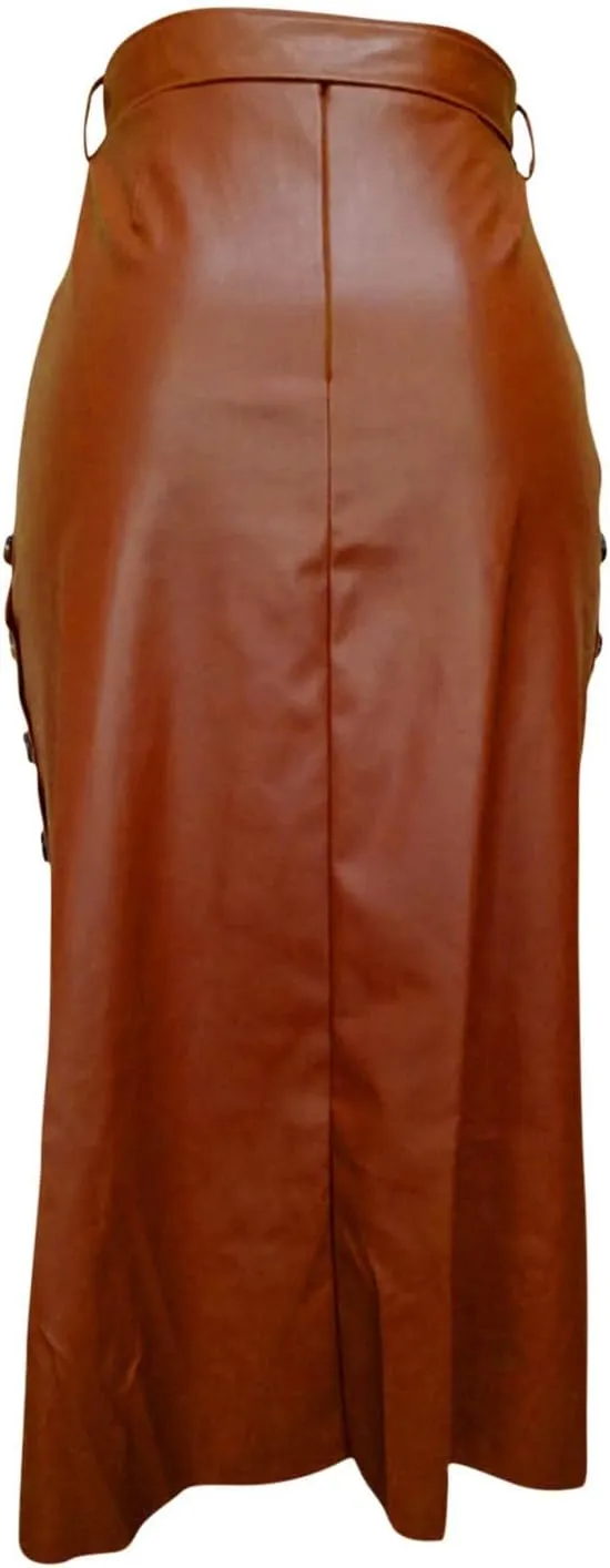 Womens Casual Split Faux Leather Skirt High Waist Bandage Bodycon Pencil Skirts Ladies Midi PU Leather Skirt