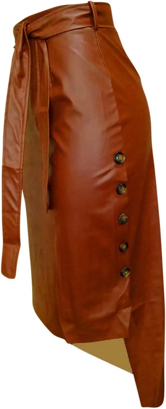 Womens Casual Split Faux Leather Skirt High Waist Bandage Bodycon Pencil Skirts Ladies Midi PU Leather Skirt