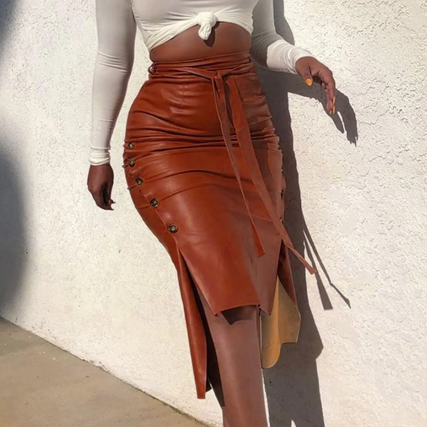 Womens Casual Split Faux Leather Skirt High Waist Bandage Bodycon Pencil Skirts Ladies Midi PU Leather Skirt