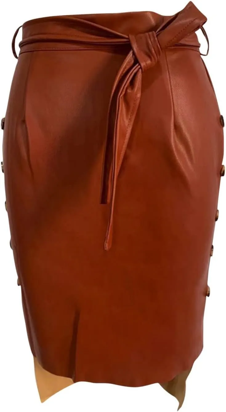 Womens Casual Split Faux Leather Skirt High Waist Bandage Bodycon Pencil Skirts Ladies Midi PU Leather Skirt