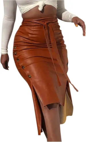 Womens Casual Split Faux Leather Skirt High Waist Bandage Bodycon Pencil Skirts Ladies Midi PU Leather Skirt