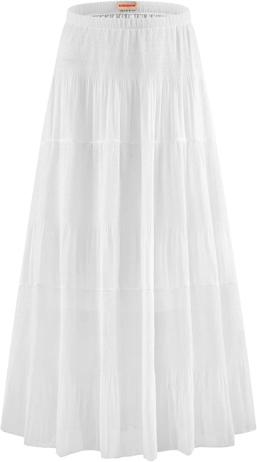 Womens Chiffon Long Skirt Elastic High Waist Floral Maxi Skirts Tiered Pleated A Line Boho Flowy Long Skirts
