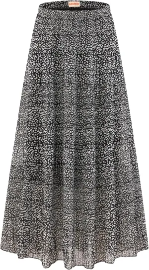Womens Chiffon Long Skirt Elastic High Waist Floral Maxi Skirts Tiered Pleated A Line Boho Flowy Long Skirts