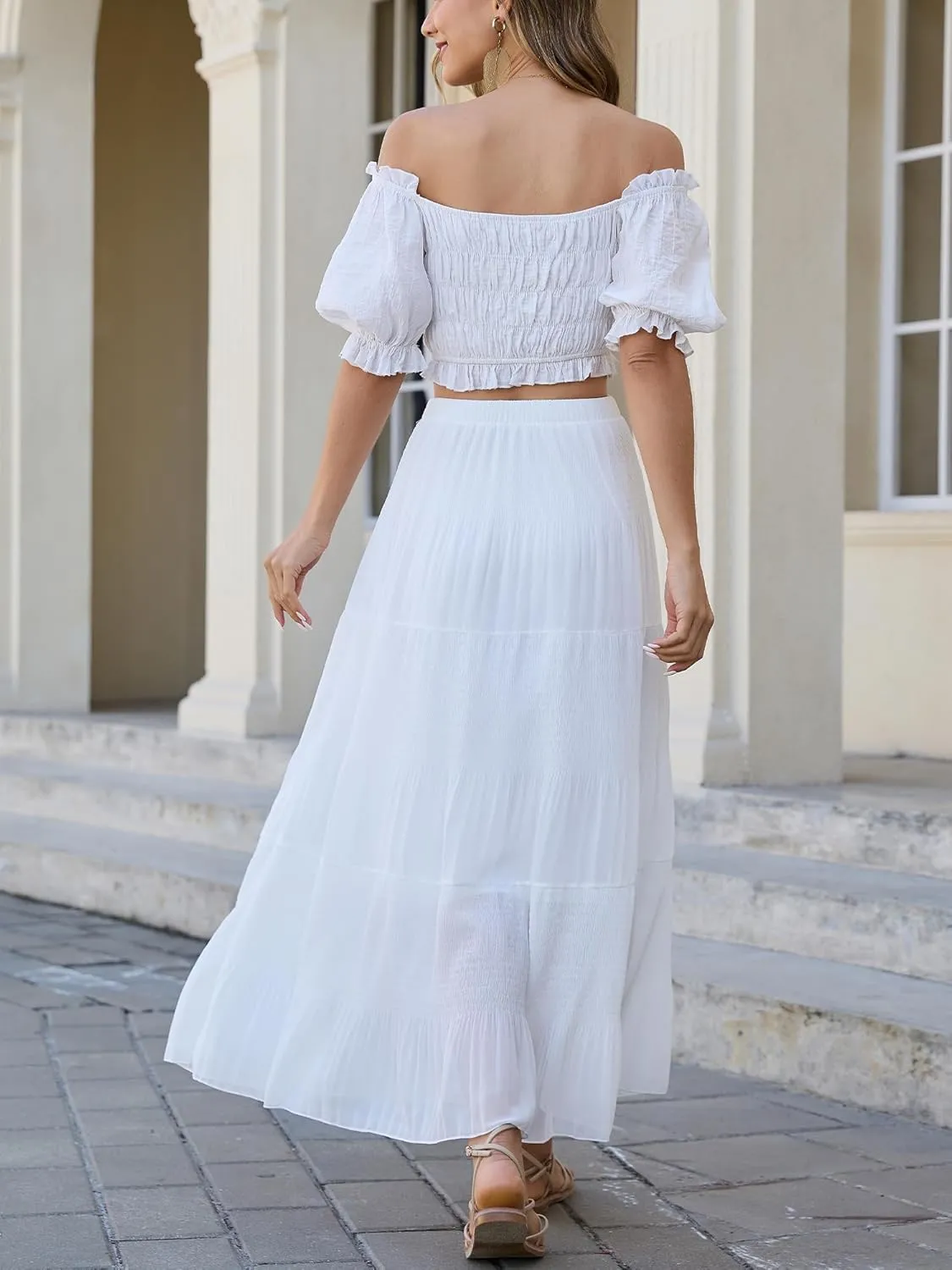Womens Chiffon Long Skirt Elastic High Waist Floral Maxi Skirts Tiered Pleated A Line Boho Flowy Long Skirts