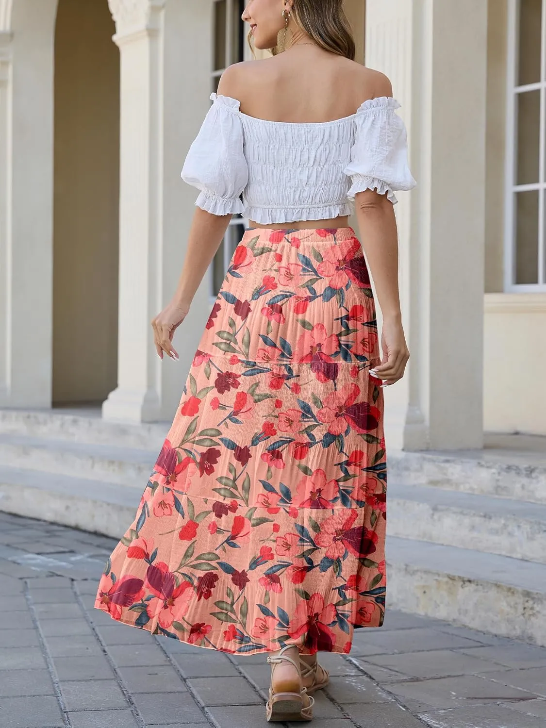 Womens Chiffon Long Skirt Elastic High Waist Floral Maxi Skirts Tiered Pleated A Line Boho Flowy Long Skirts