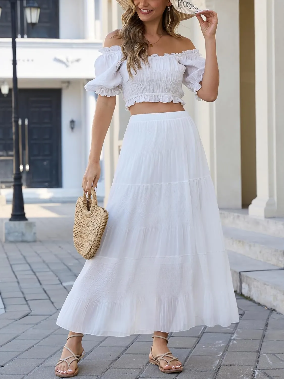 Womens Chiffon Long Skirt Elastic High Waist Floral Maxi Skirts Tiered Pleated A Line Boho Flowy Long Skirts