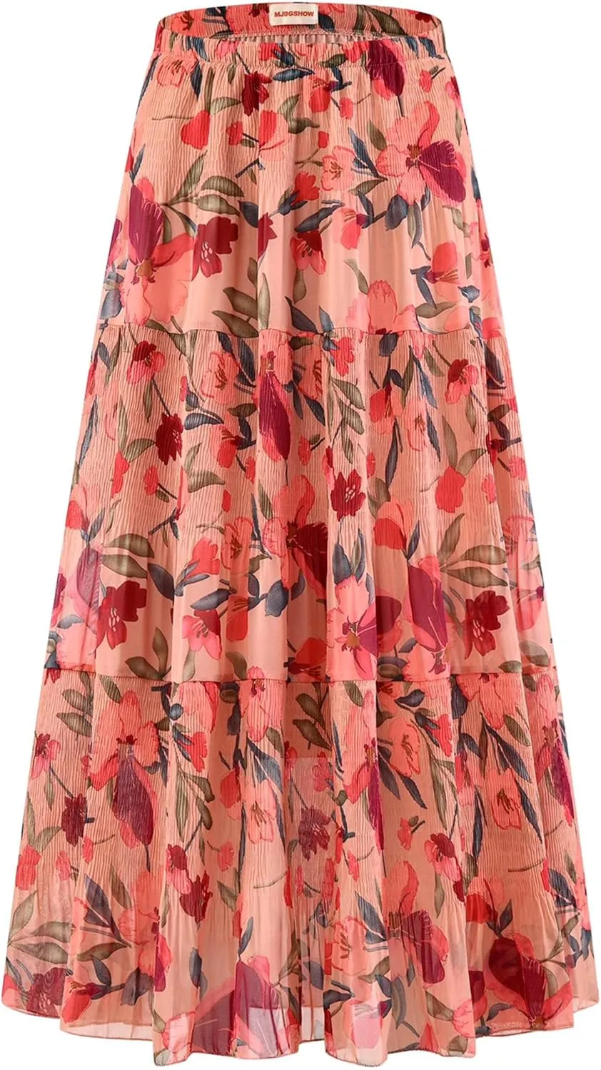 Womens Chiffon Long Skirt Elastic High Waist Floral Maxi Skirts Tiered Pleated A Line Boho Flowy Long Skirts