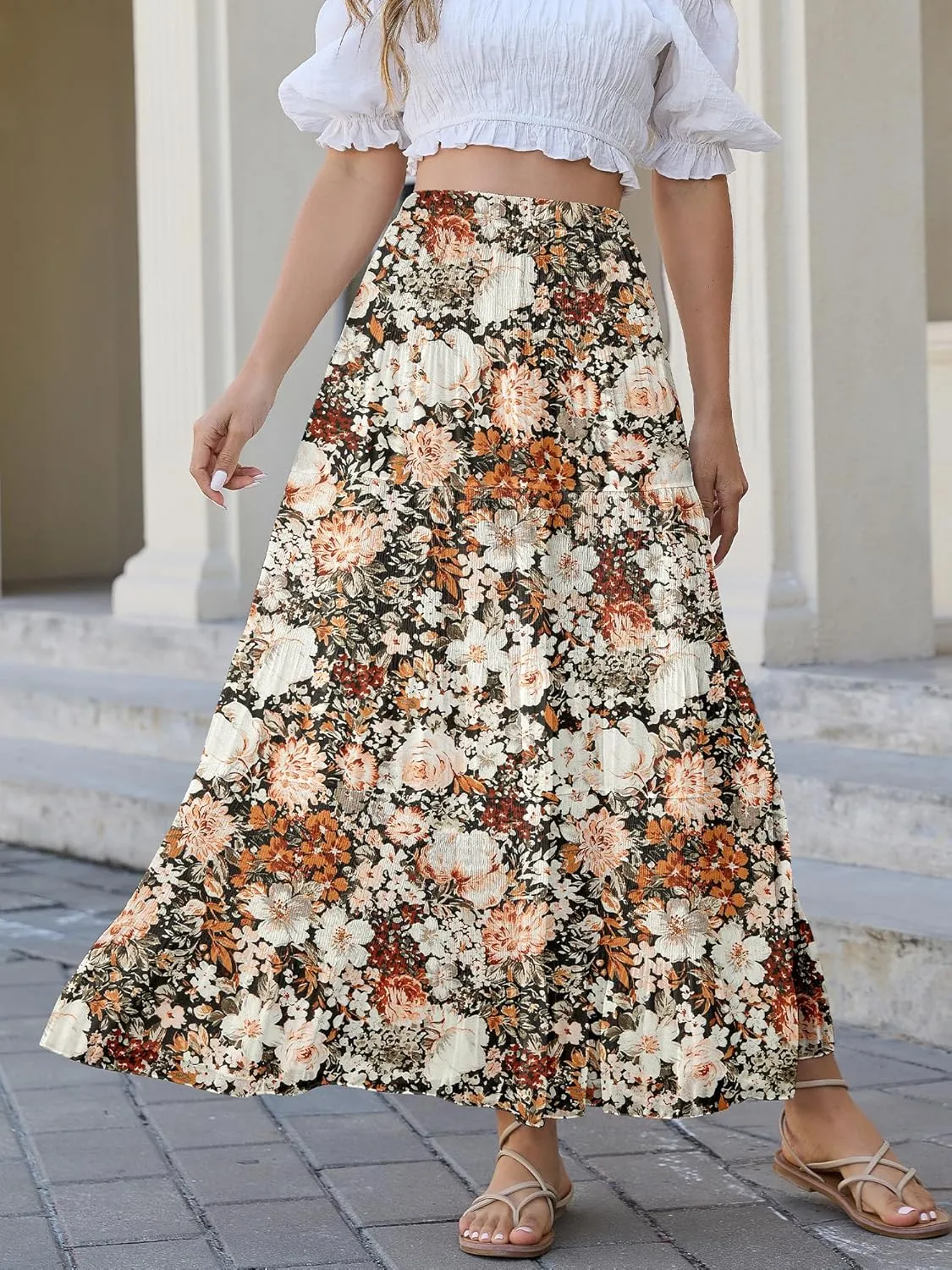 Womens Chiffon Long Skirt Elastic High Waist Floral Maxi Skirts Tiered Pleated A Line Boho Flowy Long Skirts