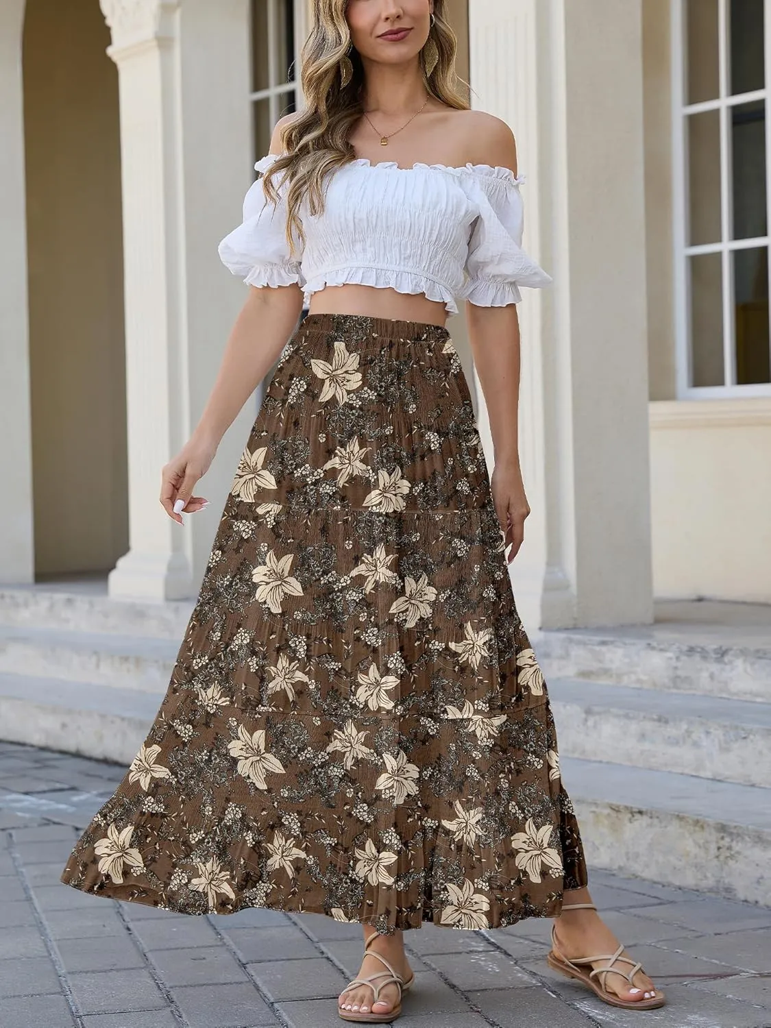 Womens Chiffon Long Skirt Elastic High Waist Floral Maxi Skirts Tiered Pleated A Line Boho Flowy Long Skirts