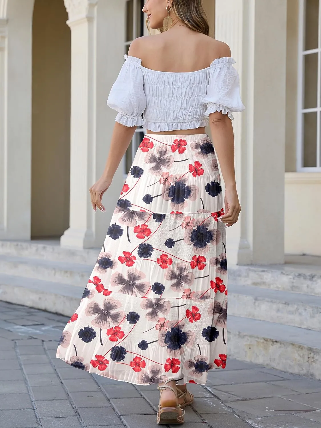 Womens Chiffon Long Skirt Elastic High Waist Floral Maxi Skirts Tiered Pleated A Line Boho Flowy Long Skirts