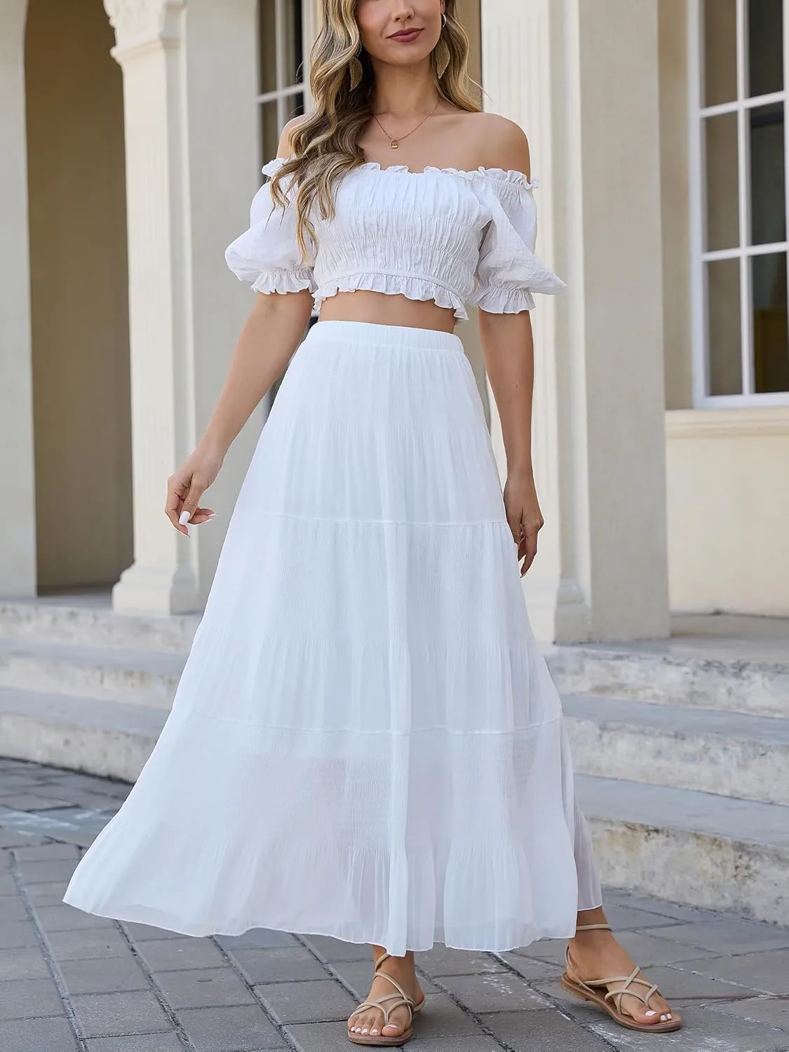 Womens Chiffon Long Skirt Elastic High Waist Floral Maxi Skirts Tiered Pleated A Line Boho Flowy Long Skirts
