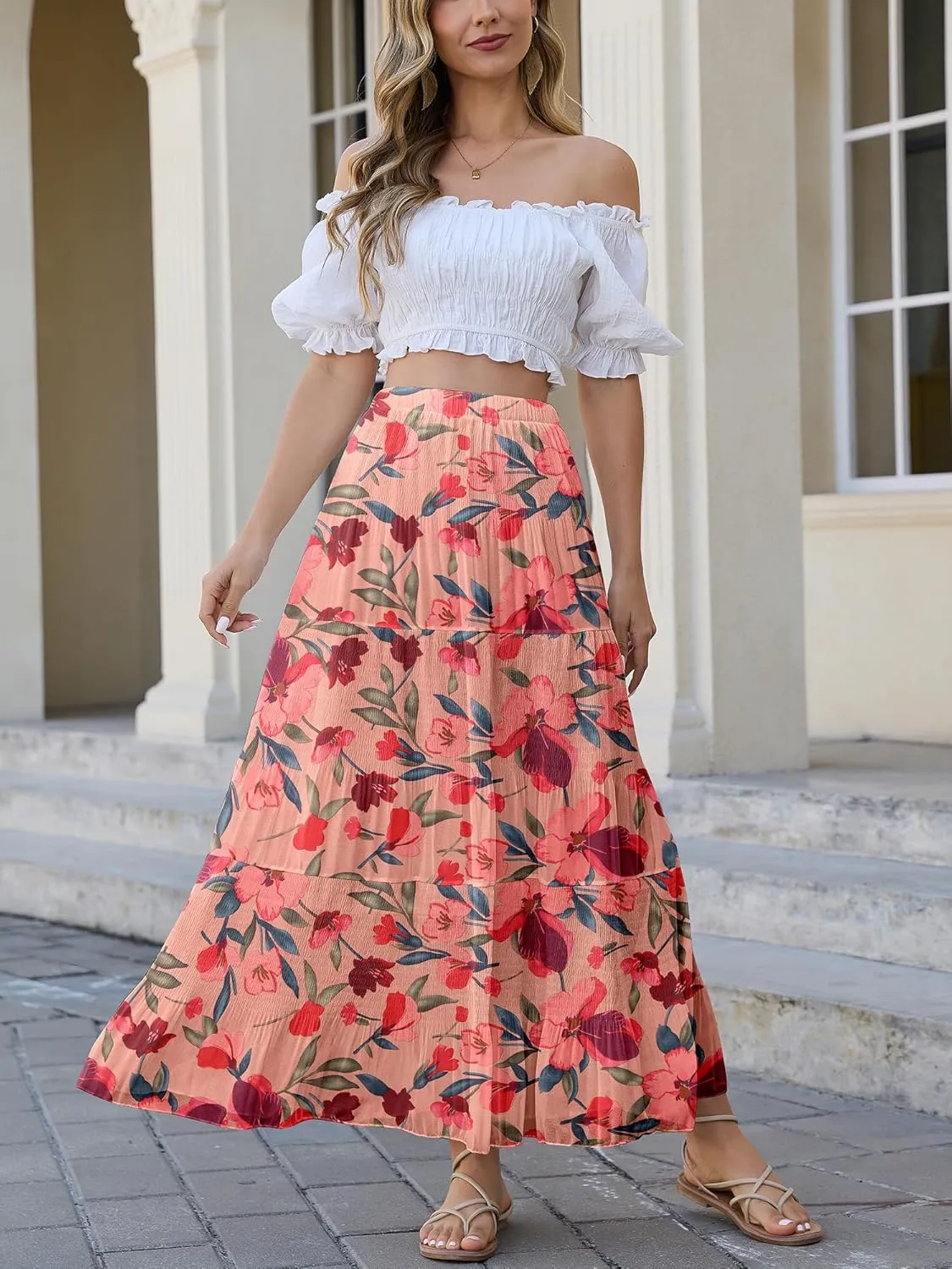Womens Chiffon Long Skirt Elastic High Waist Floral Maxi Skirts Tiered Pleated A Line Boho Flowy Long Skirts