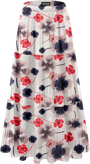 Womens Chiffon Long Skirt Elastic High Waist Floral Maxi Skirts Tiered Pleated A Line Boho Flowy Long Skirts