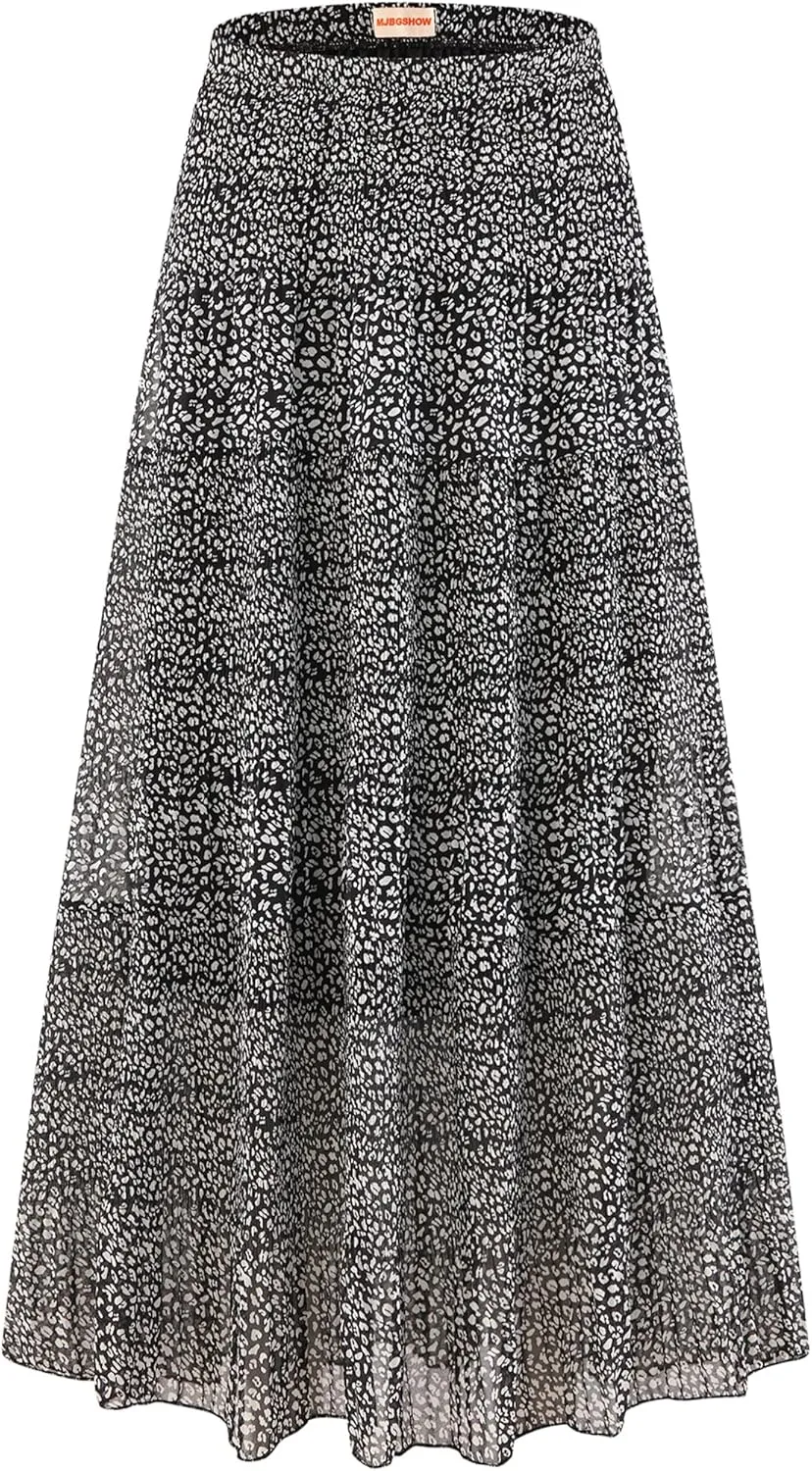Womens Chiffon Long Skirt Elastic High Waist Floral Maxi Skirts Tiered Pleated A Line Boho Flowy Long Skirts
