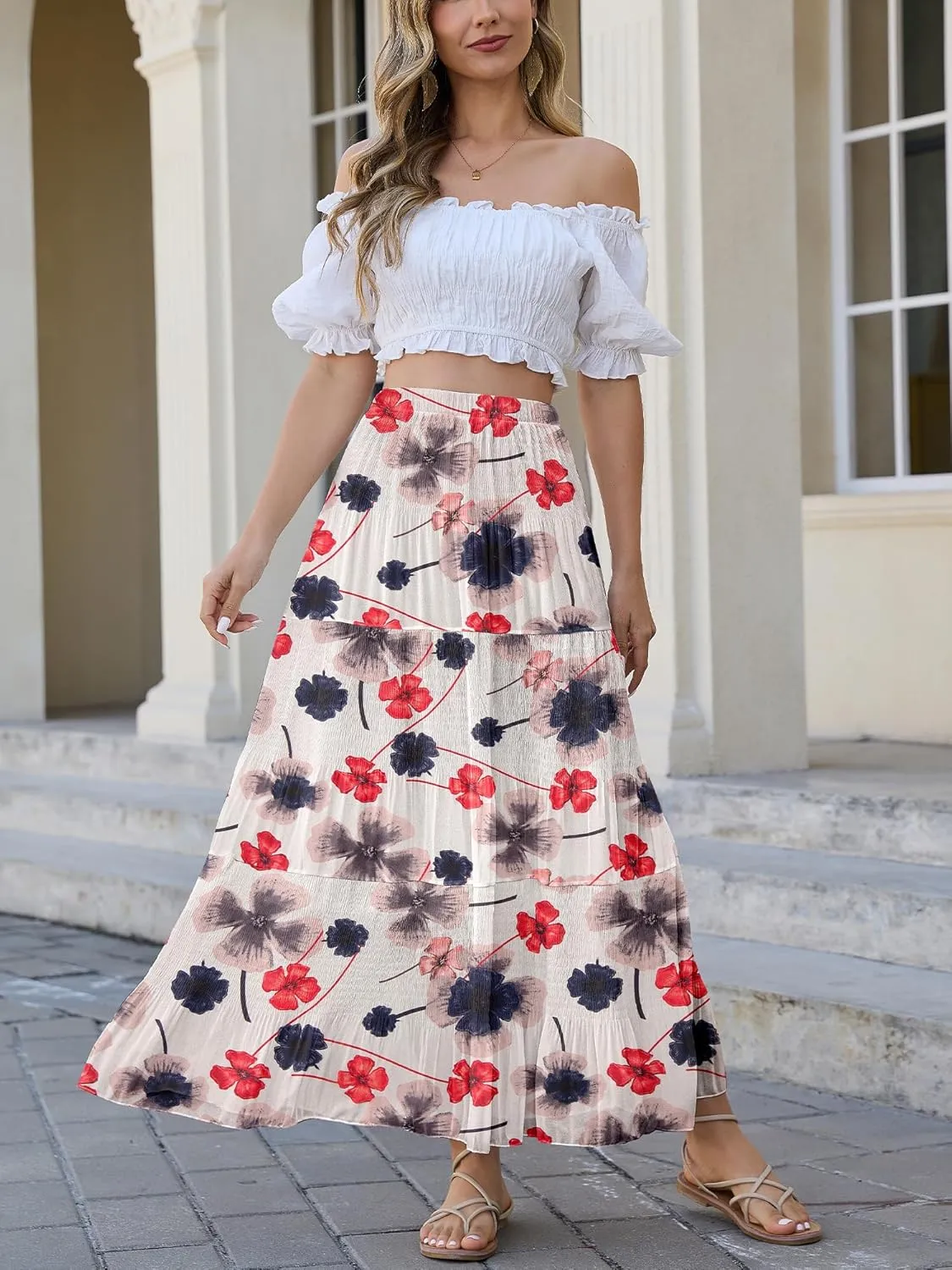 Womens Chiffon Long Skirt Elastic High Waist Floral Maxi Skirts Tiered Pleated A Line Boho Flowy Long Skirts