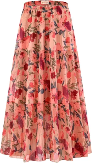 Womens Chiffon Long Skirt Elastic High Waist Floral Maxi Skirts Tiered Pleated A Line Boho Flowy Long Skirts