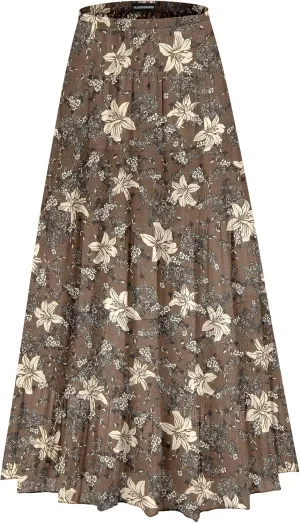 Womens Chiffon Long Skirt Elastic High Waist Floral Maxi Skirts Tiered Pleated A Line Boho Flowy Long Skirts