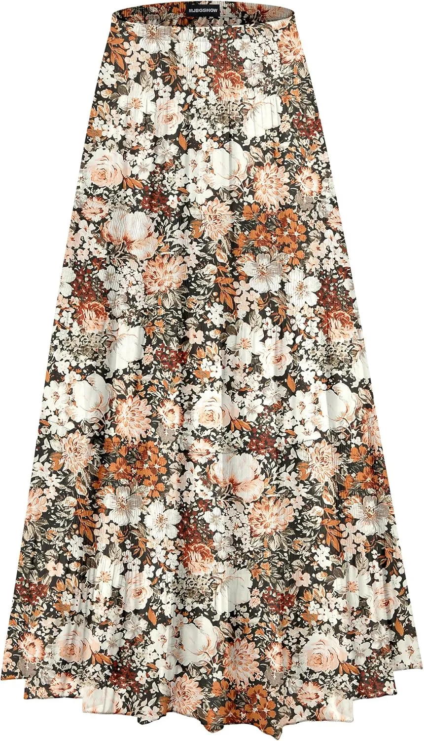 Womens Chiffon Long Skirt Elastic High Waist Floral Maxi Skirts Tiered Pleated A Line Boho Flowy Long Skirts